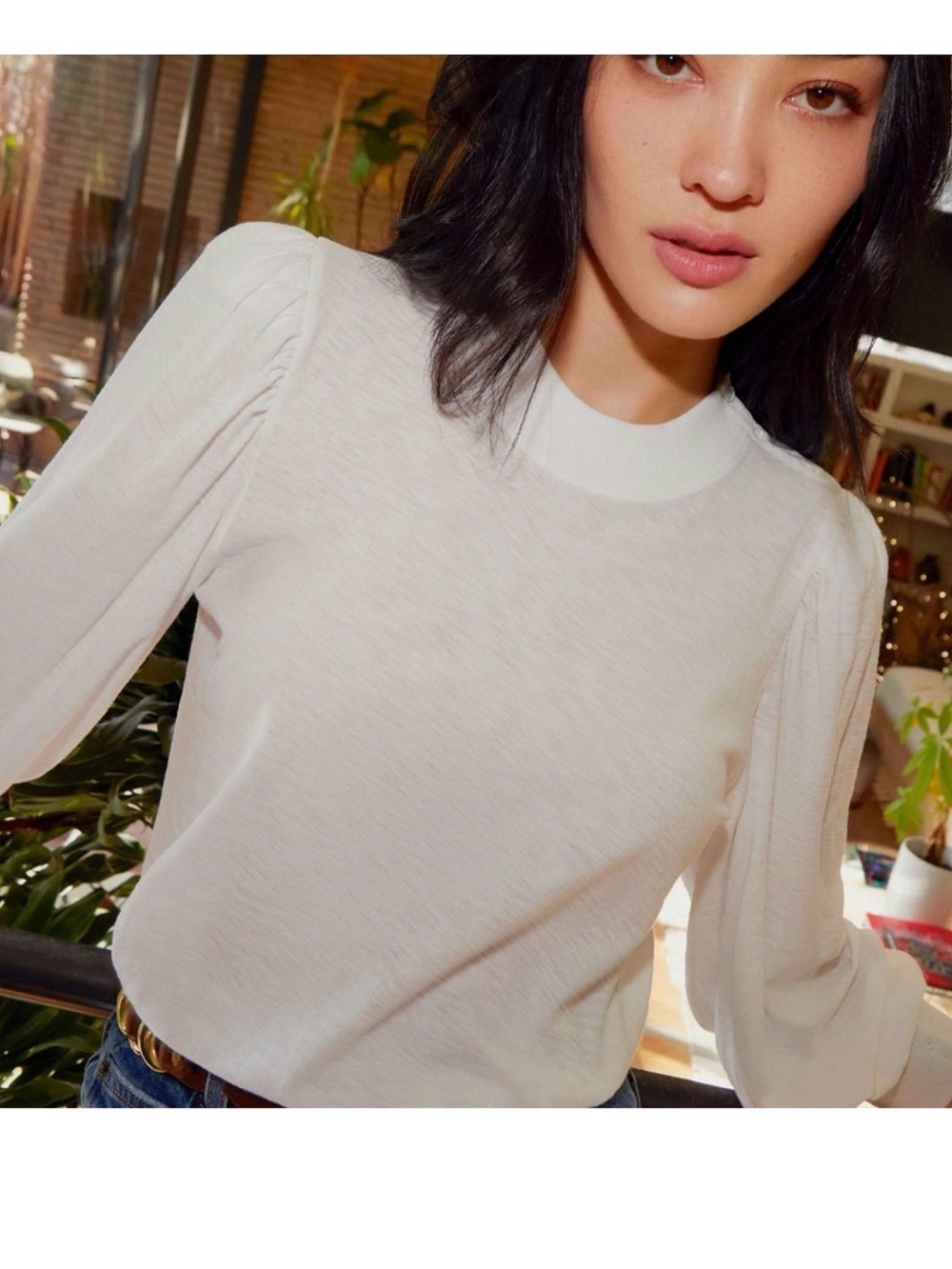Nation LTD Britton Button Cuff Tee White Cotton Slub Tee Puff Sleeves Large